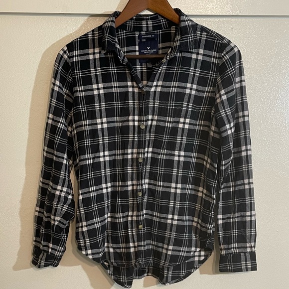 American Eagle S Black White Plaid Check Boyfriend Fit Button Down Shirt - Picture 2 of 9